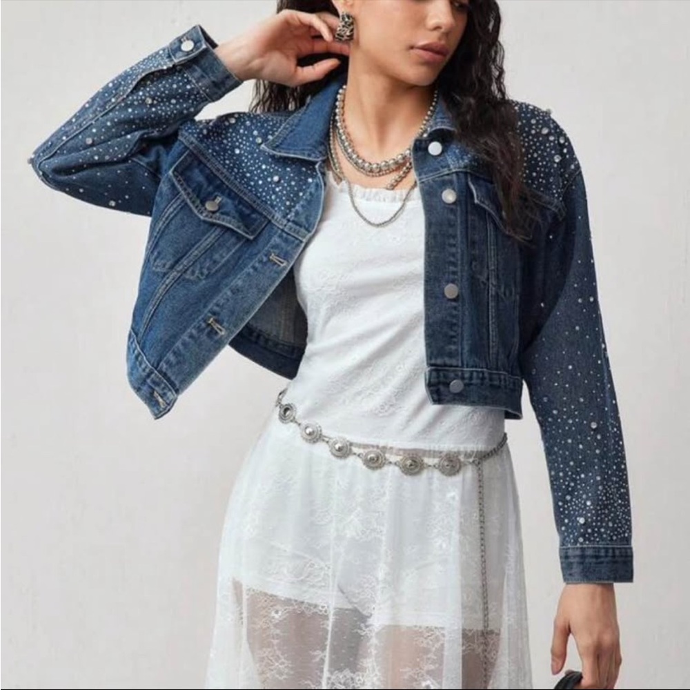 Shein MOTF Studio Rhinestone Studded Cropped Denim Button Up Jacket